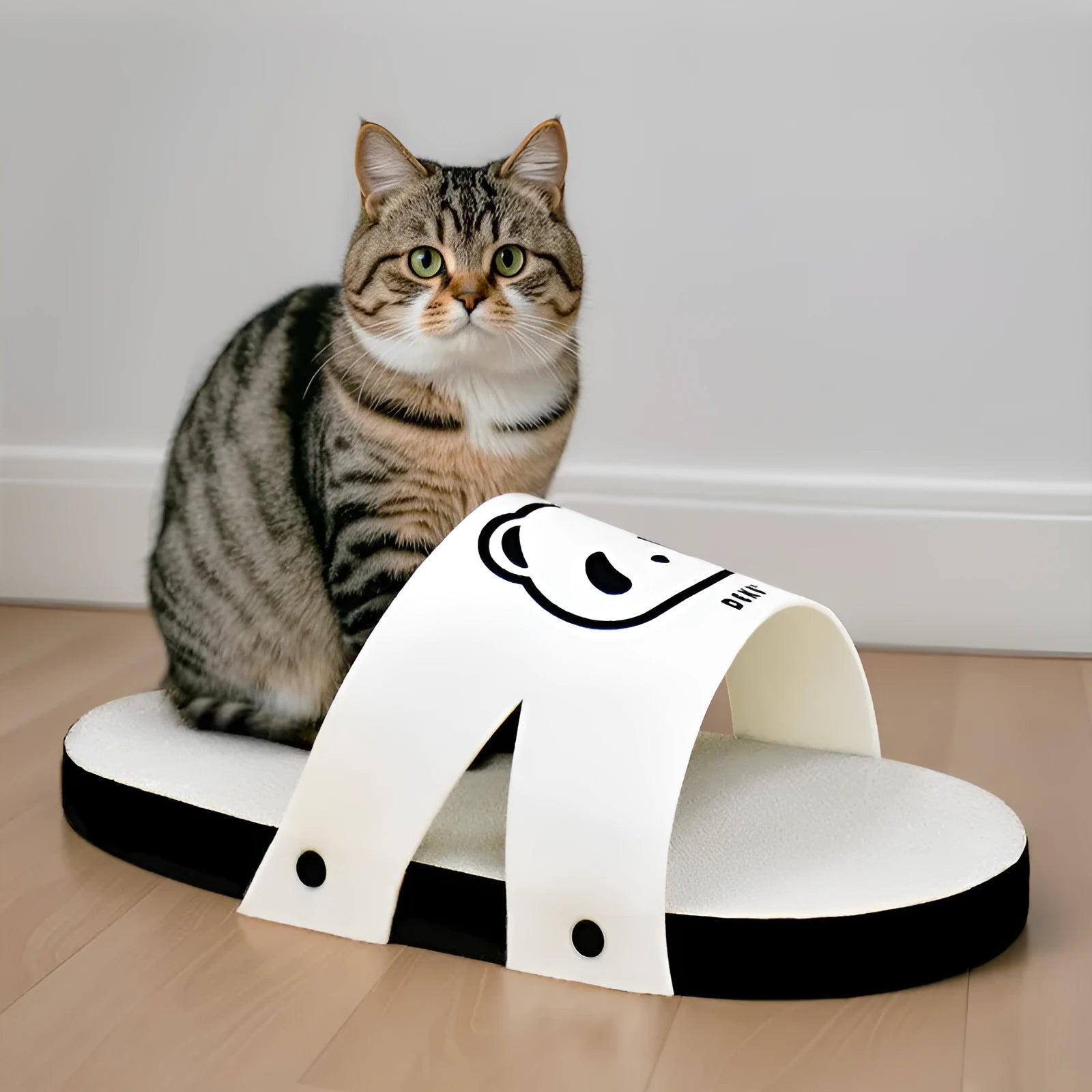 White corrugated paper cat scratch board in slipper style design on neutral background