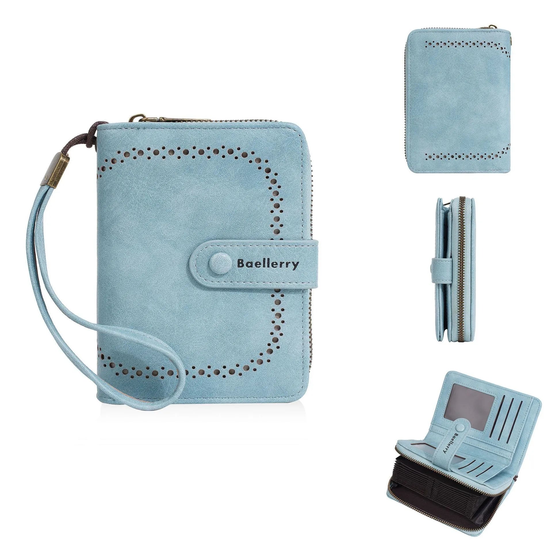 Women's black PU leather zipper coin purse with integrated card slots open.