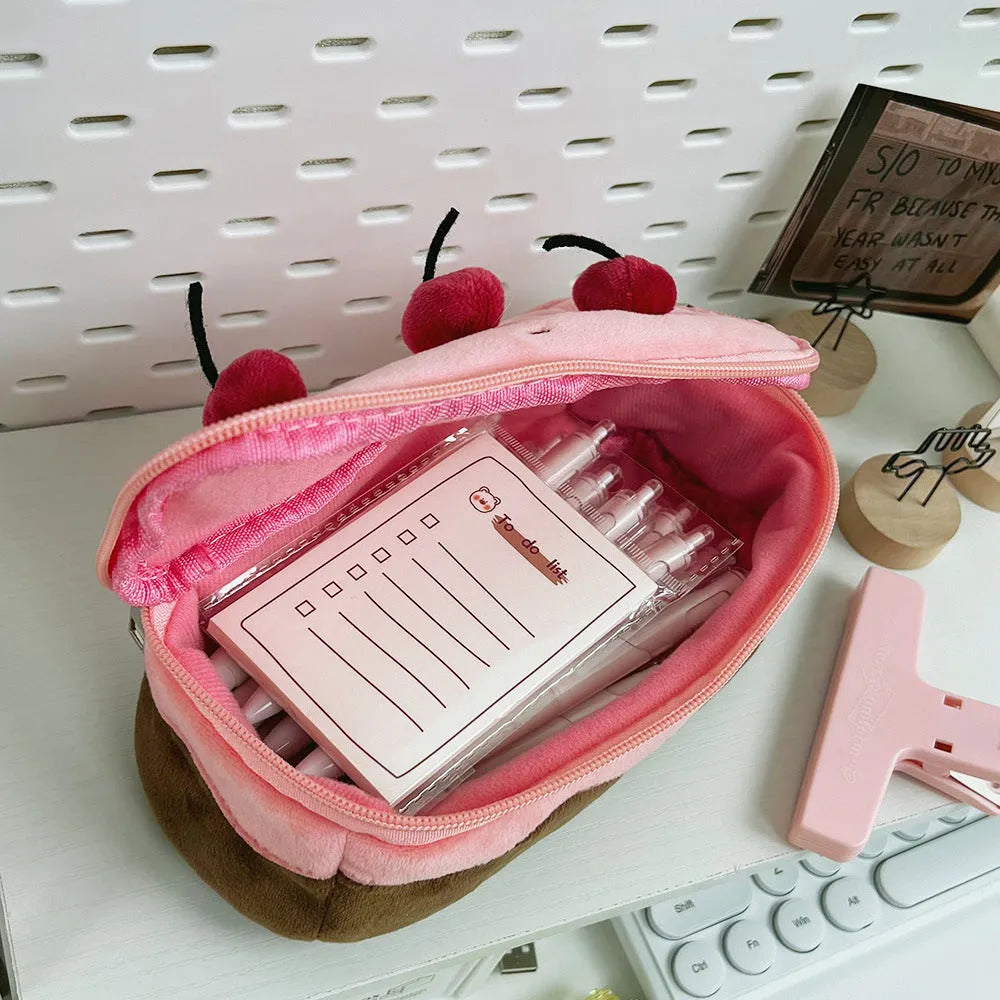 Cherry Cake coloured velvet plush pencil bag with zip, Korean style design.