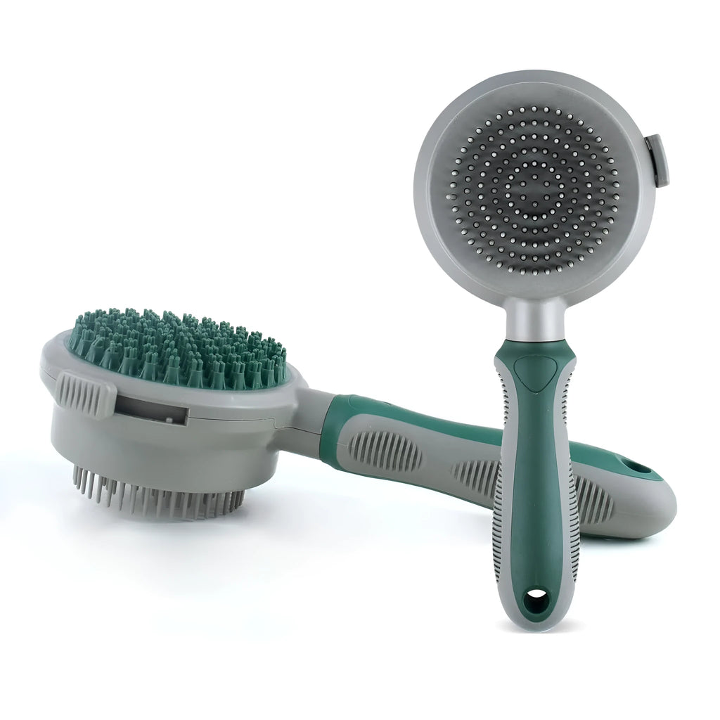 Green and pink 2-in-1 silicone pet grooming brush with retractable slicker and octopus-teethed massager