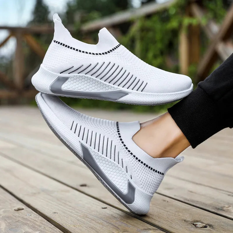 Men's mesh sock shoes with striped design and flyknit upper in black, white colour options