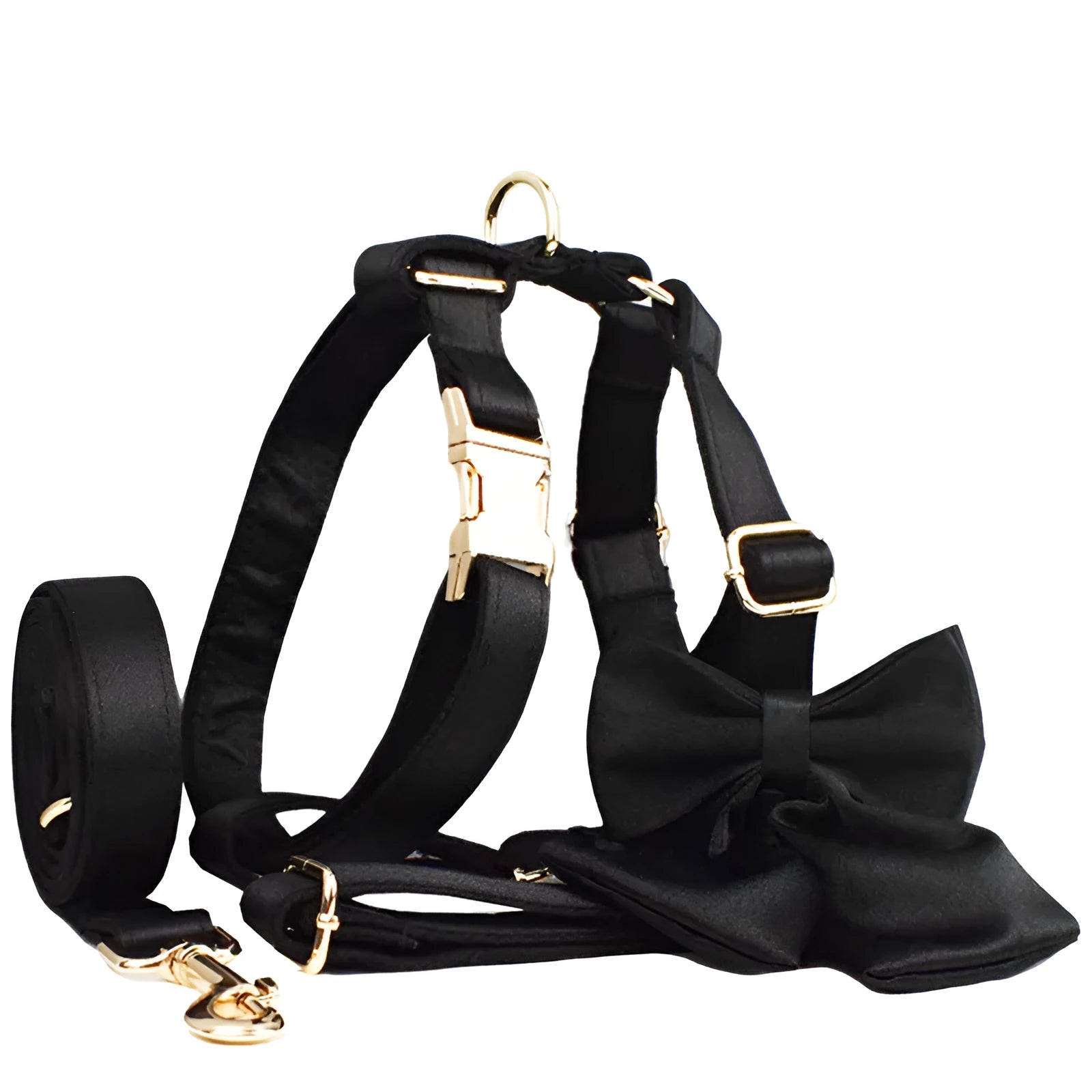 Cloth dog chest strap harness set with collar, leash, and decorative bow accessory in multiple sizes