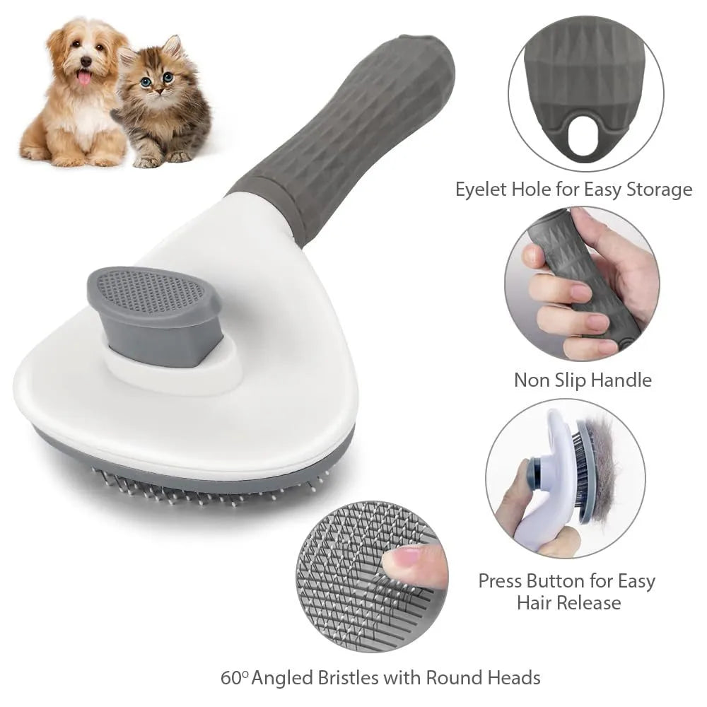 Blue, grey, and pink cat brush with a release button and fine wire bristles for removing loose fur.