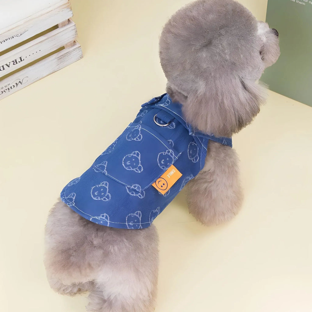Denim princess dress for small dogs with bracket skirt styling in blue