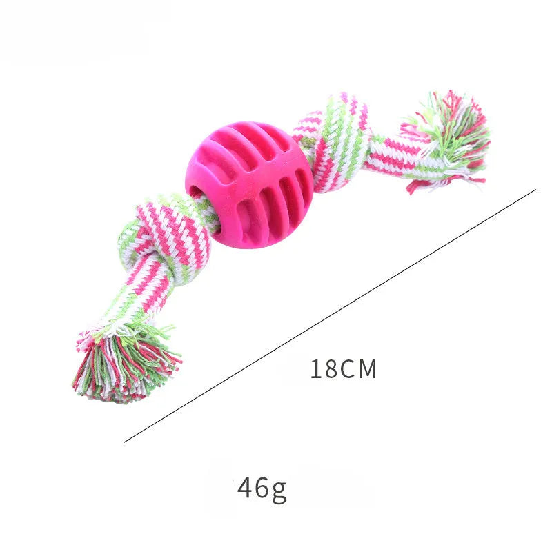 Blue soft dog chew toy in molar shape with integrated white ropes for dental cleaning.