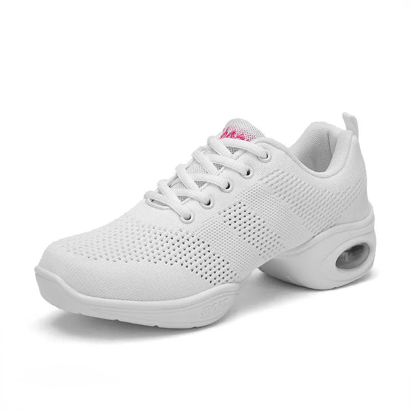 Women's white breathable fly woven mesh dance shoes with a soft PU sole on a light background.