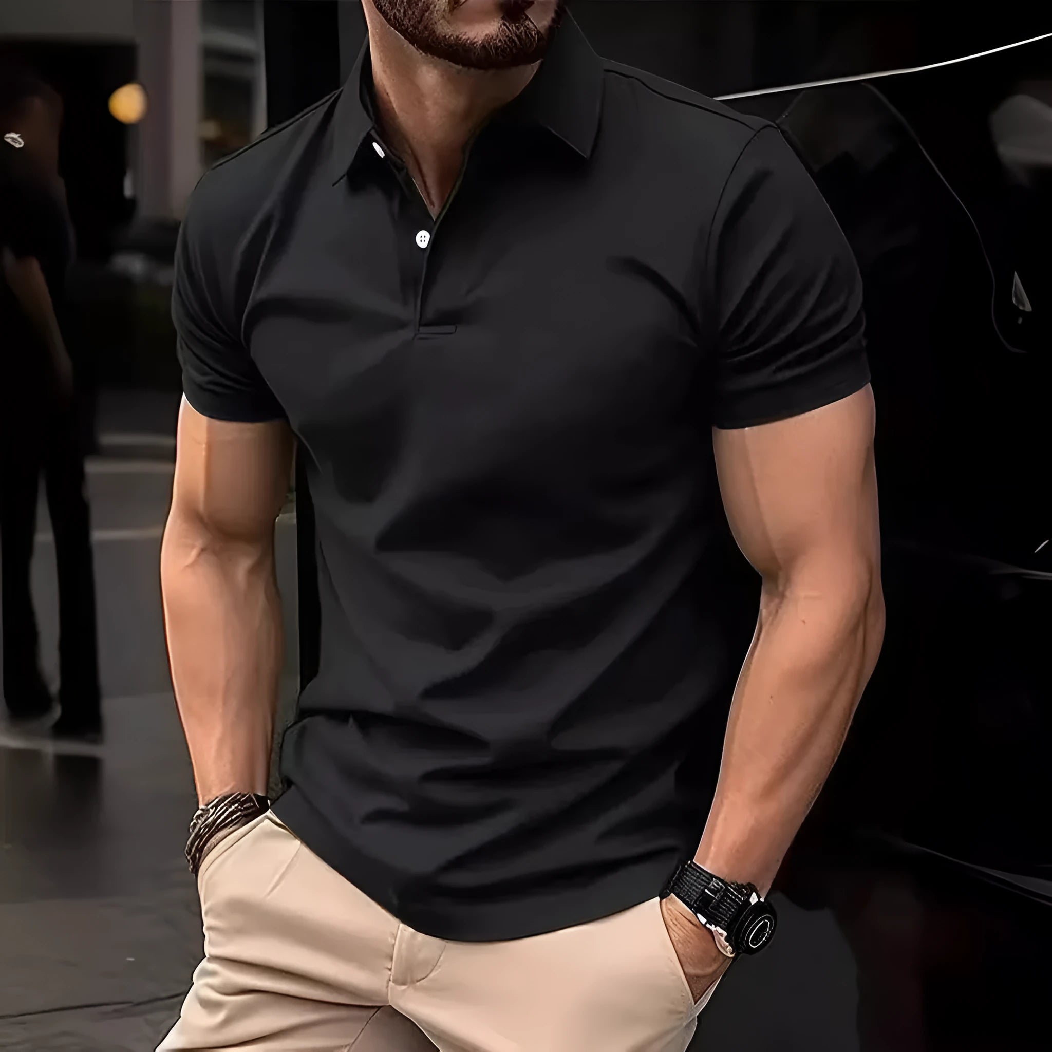 Men's slim-fit solid colour short sleeve button-up shirt in a cotton-mix fabric