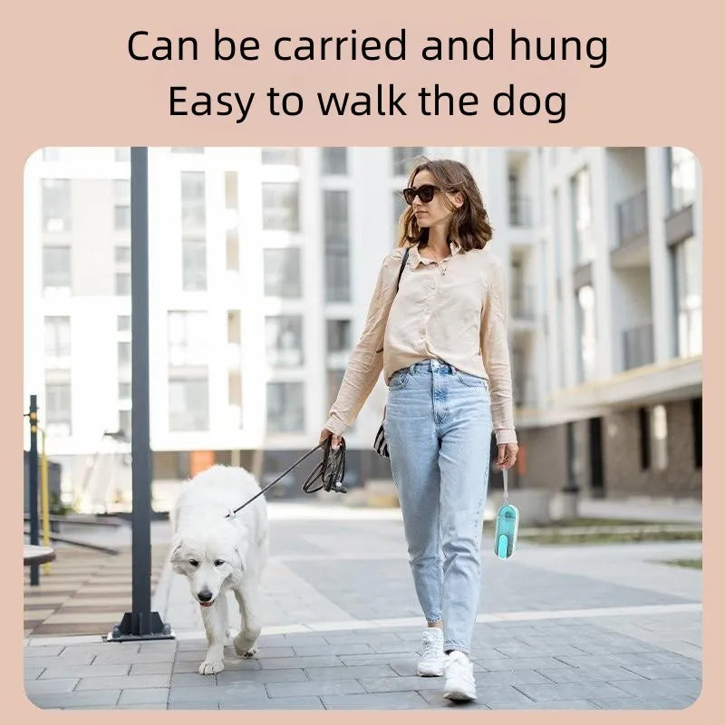 Blue portable dog water bottle with a grey silicone folding drinking bowl attached, for outdoor use.