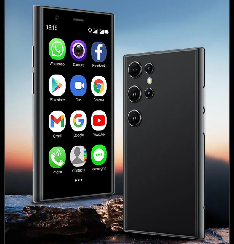 Black mini Android smartphone with 30cm screen showing home screen interface