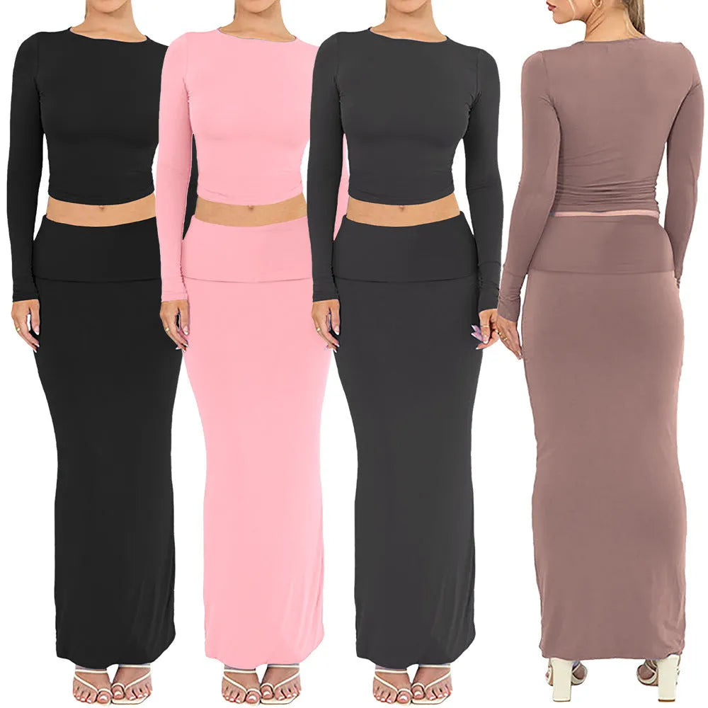 Women's polyester two-piece suit set with three-quarter sleeve top and long skirt in fresh sweet style