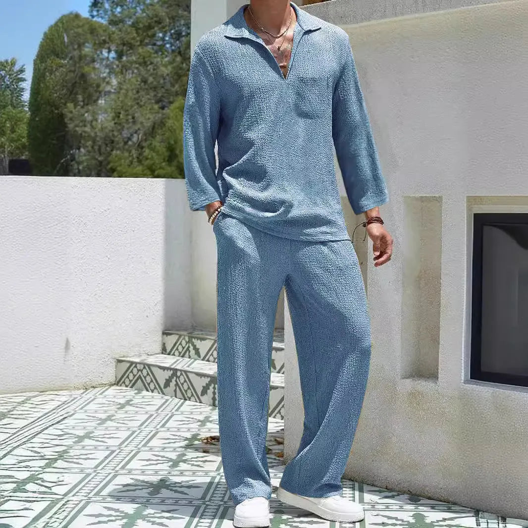 Men's casual polyester shirt and trousers set in lake blue, shown as a co-ordinated autumn leisure outfit.