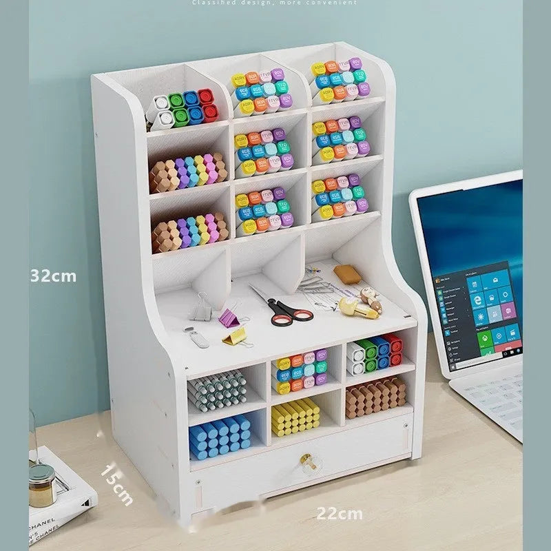 Plastic oblique insertion pen holder storage box showing multiple grid compartments for organised stationery storage