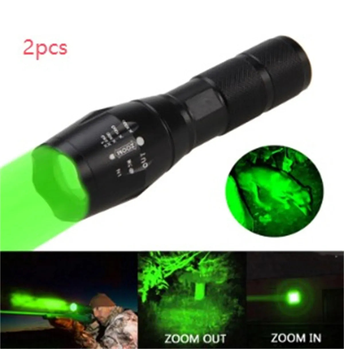 Black aluminium alloy zoomable LED flashlight with adjustable focus ring on a textured body.