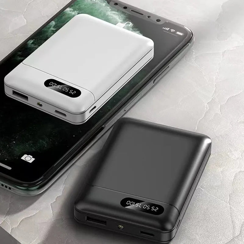 Black and white portable power bank with multi-USB ports showing 10000mAh capacity label