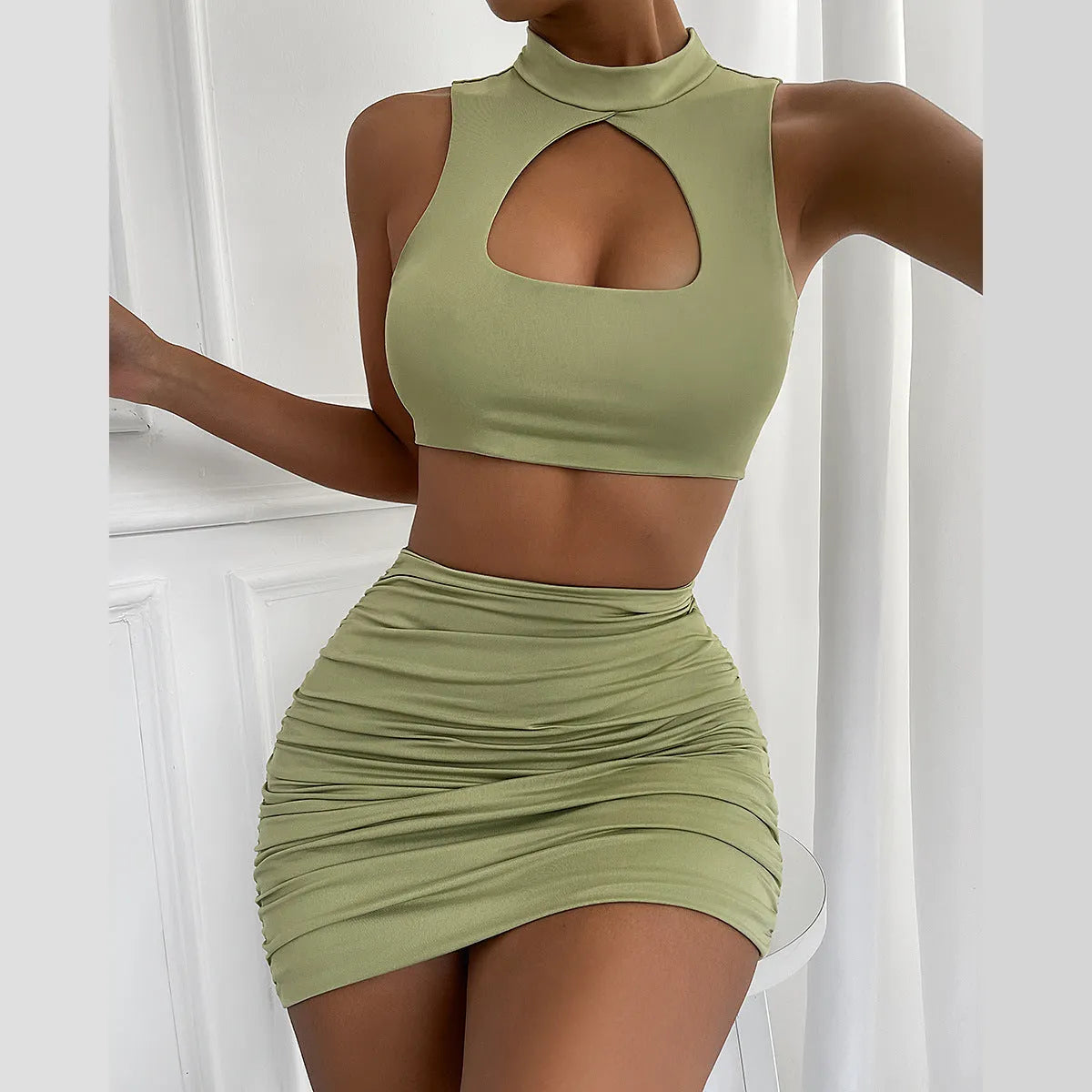 Women's two-piece set with cutout vest and split skirt in light purple elastic polyester