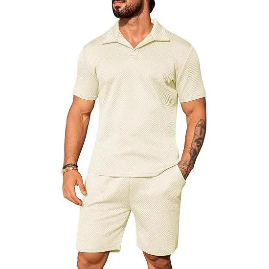 Men's casual solid colour polo short oversleeves set with matching shorts in black, blue, and light grey