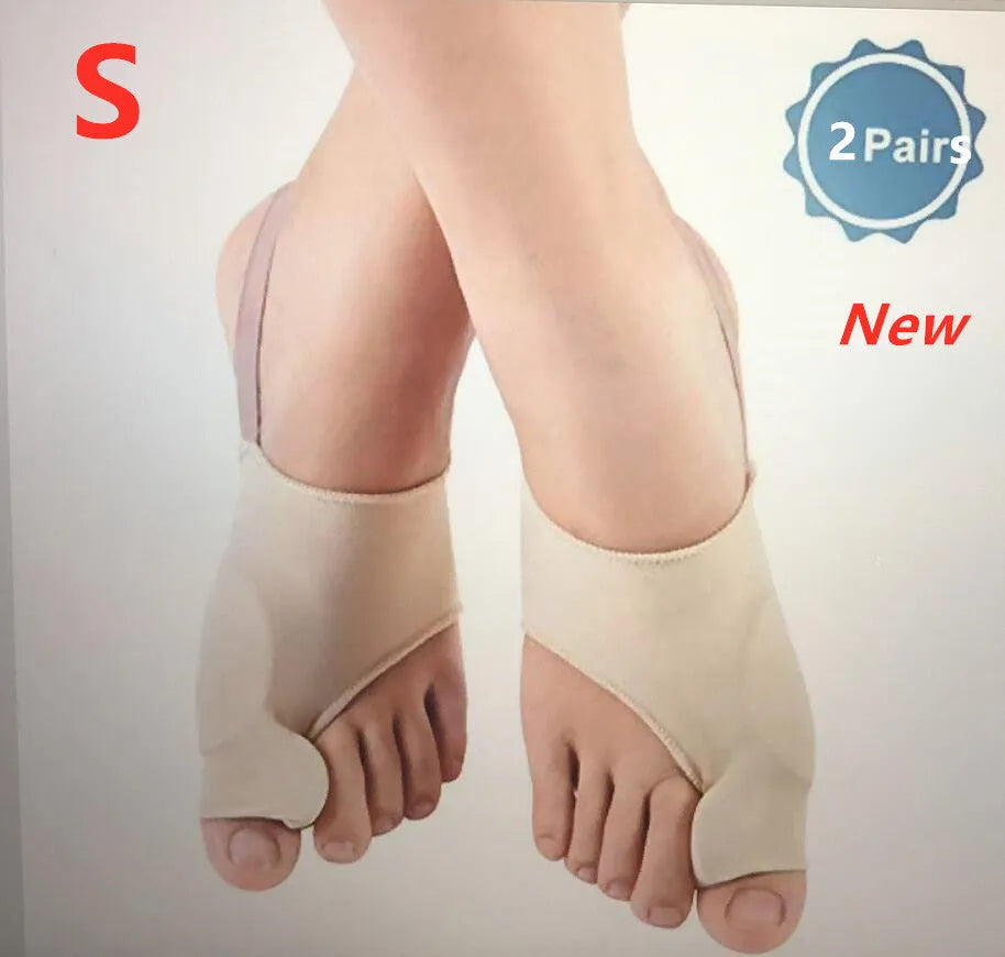 Pair of stretchable corrective socks with a visible gel bunion pad and silicone toe separator.