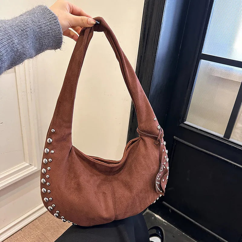 Soft plush casual tote handbag for women in retro style, shown in black, red, brown, or green.