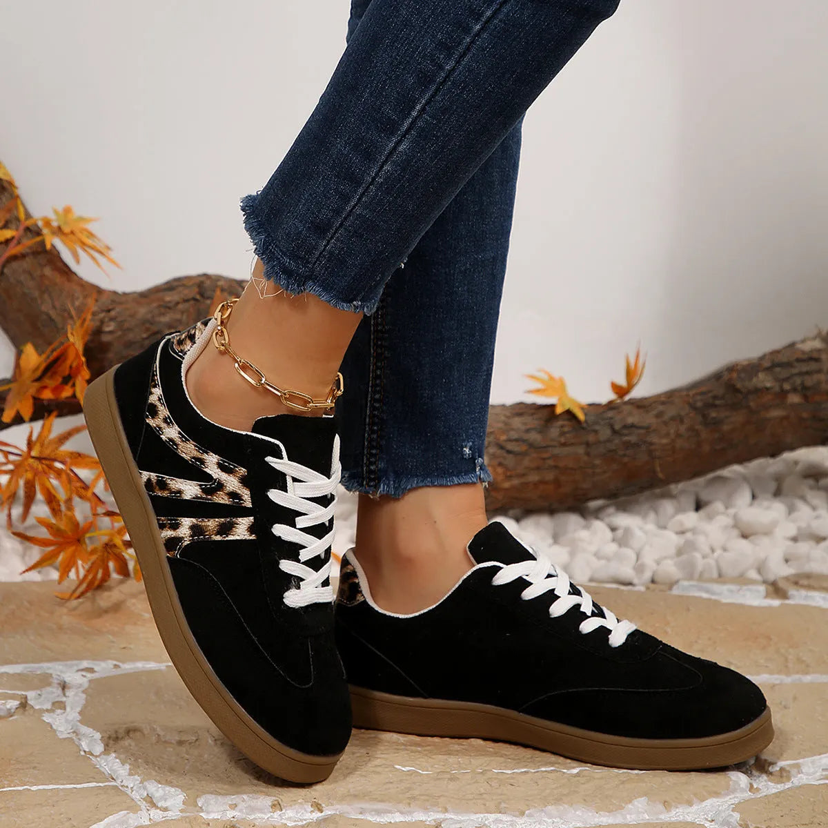 Women's vintage leopard print board shoes with PU upper, flat heel, and round toe in beige and black colours