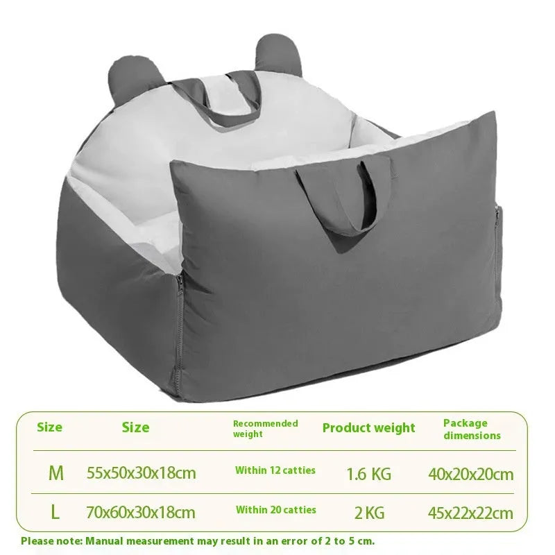 Removable and washable dog car kennel in beige, showing medium and large size options.