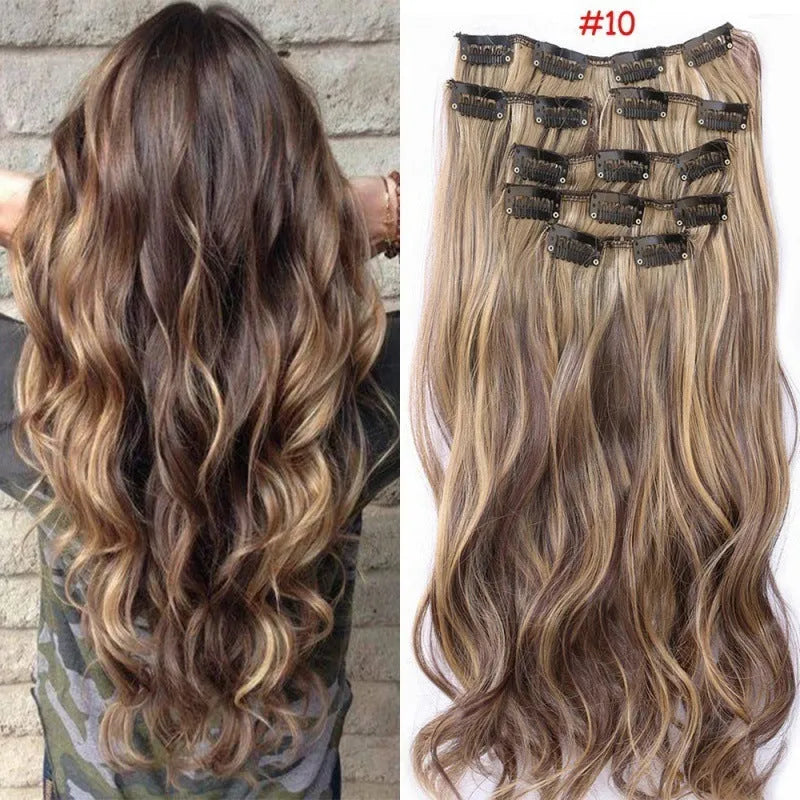Synthetic clip-in straight hair extension set 55-60cm with metal clips and silicone backing in multiple colour options