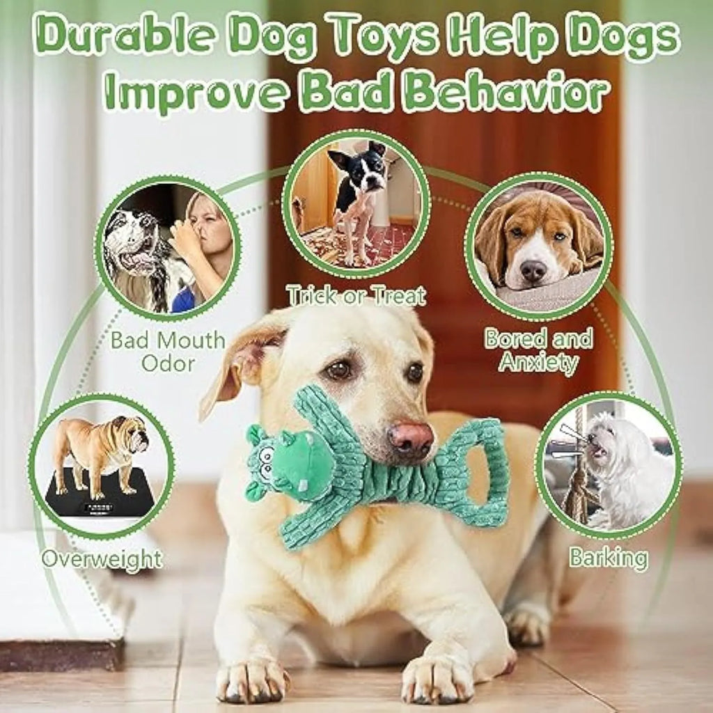 Large blue plush dog toy with handle for tug-of-war play