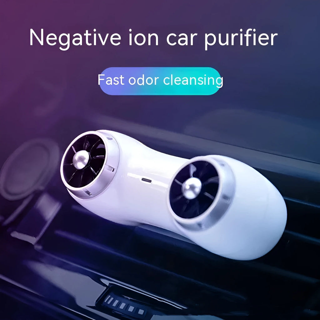 Car Mute Anion Purifier Aromatherapy black unit on vehicle dashboard with Type-C cable