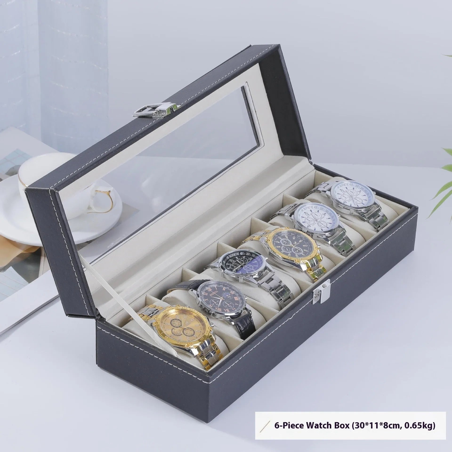 Grey high-grade leather watch storage box with dustproof see-through lid showing multiple watch compartments