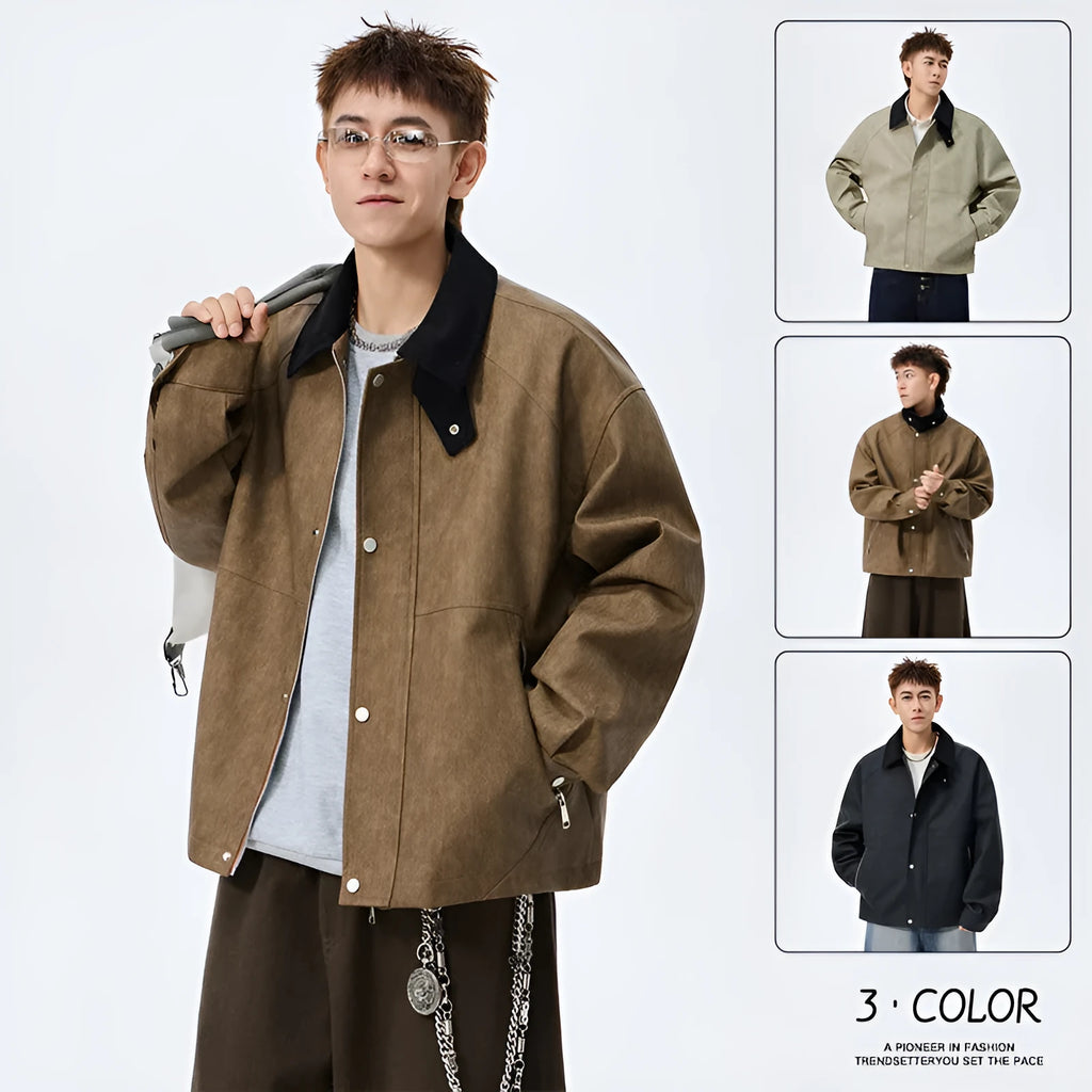 Large size men's PU leather coat with polo collar in khaki, shown on model, size 8XL available