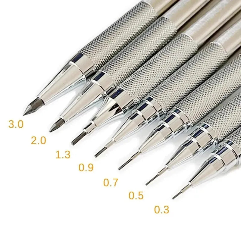 A metal mechanical pencil for drafting and writing with multiple lead size options.
