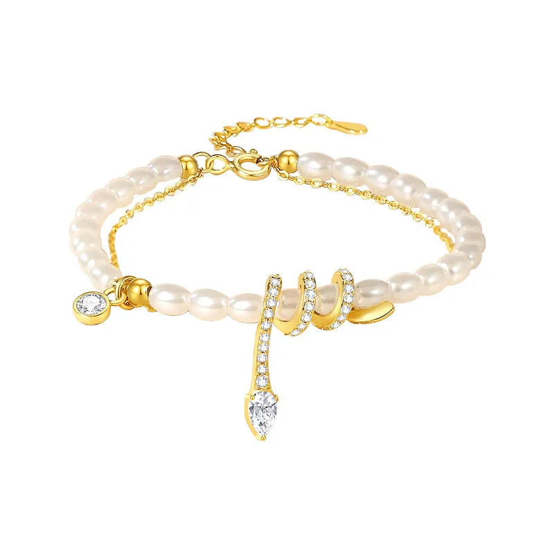 Women's snake motif beaded bracelet in 925 silver with gold or white gold colour finish.