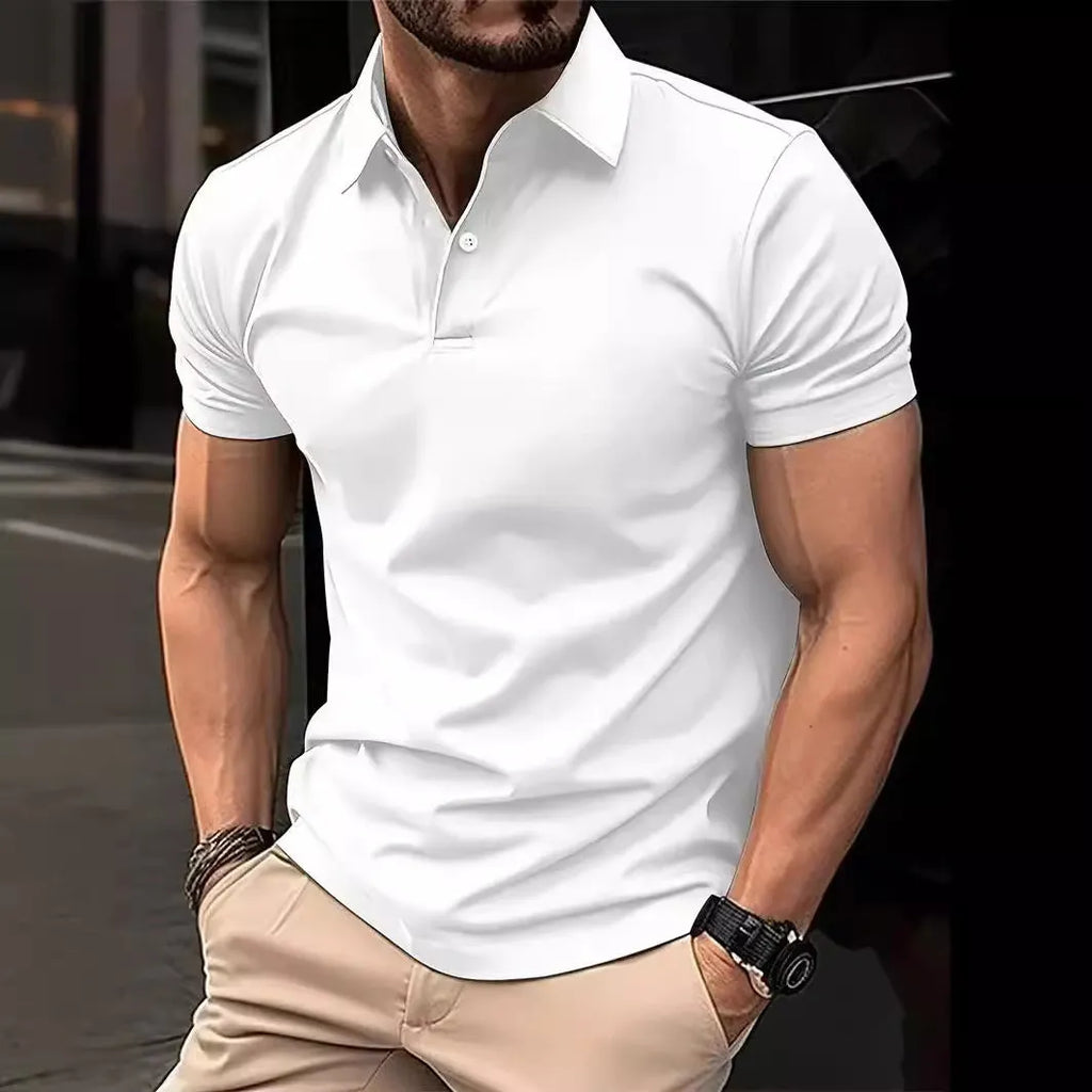 Men's slim-fit solid colour short sleeve button-up shirt in a cotton-mix fabric