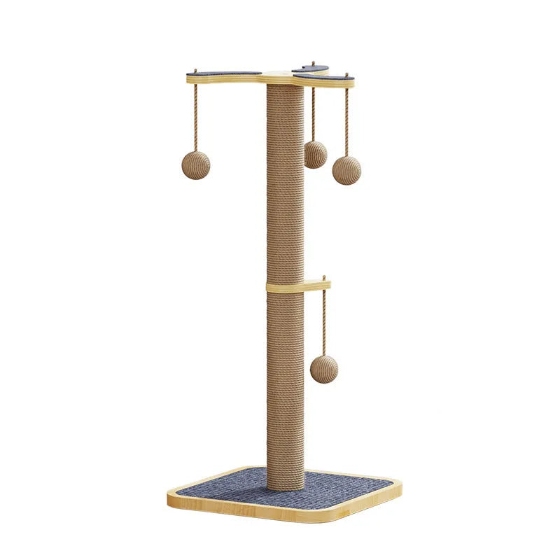Windmill colour cat climbing frame with a hanging ball toy, made from pine wood and carpet leather.