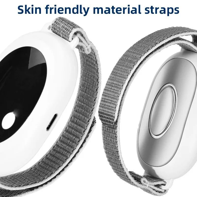White intelligent sleep aid device with handheld remote control showing adjustable settings