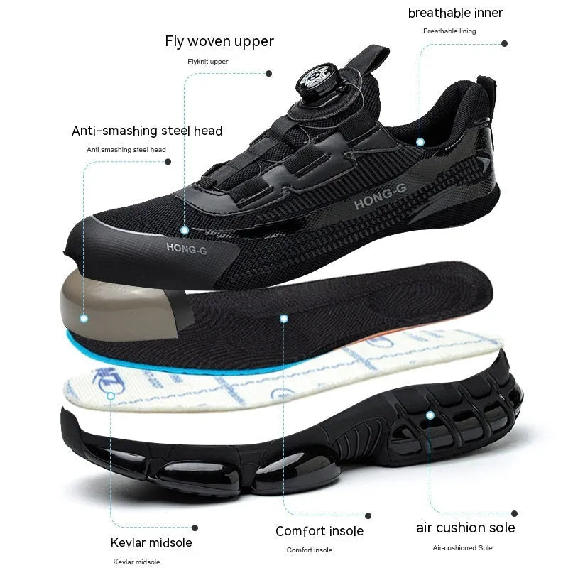 Lightweight low-top work safety shoe with a Flyweave upper, front lacing, and a steel toe cap.