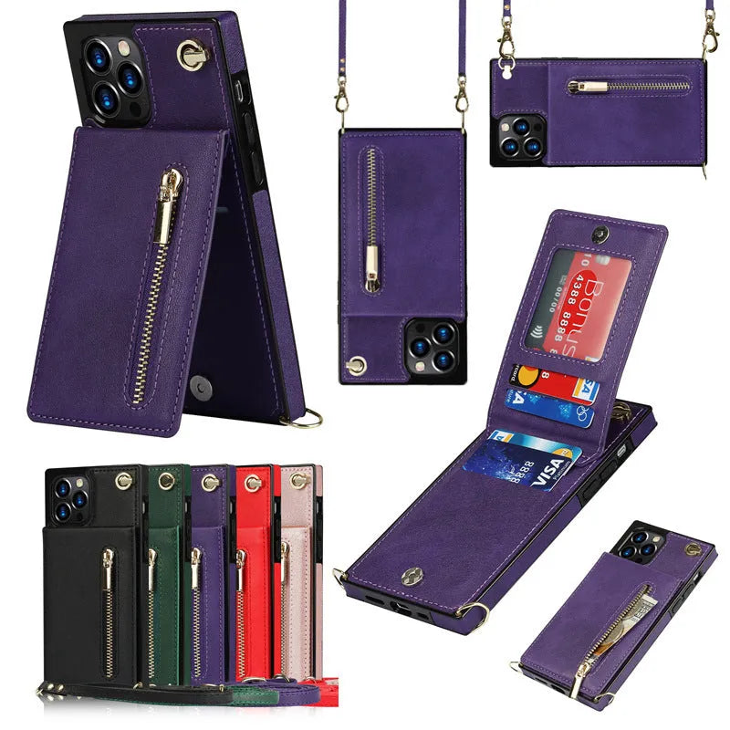 Leather mobile phone case in solid colour options including black, purple, and rose gold.
