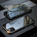 Glass clamshell anti-spy phone case in black, silver, red, gold, green, or blue for iPhone models.