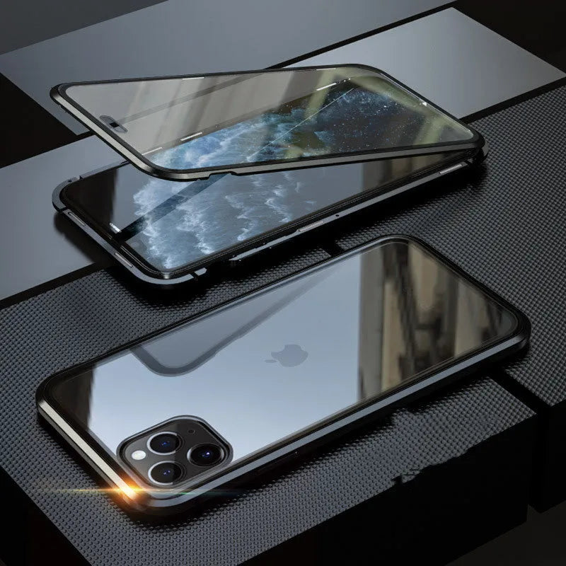 Glass clamshell anti-spy phone case in black, silver, red, gold, green, or blue for iPhone models.