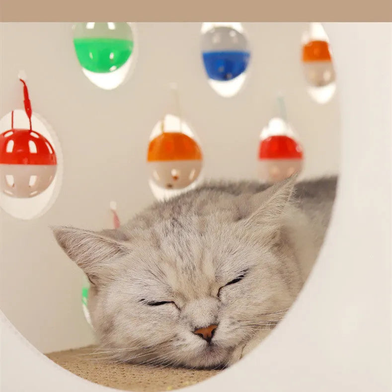 Integrated plastic cat scratch board with nest bed and tunnel containing bell ball