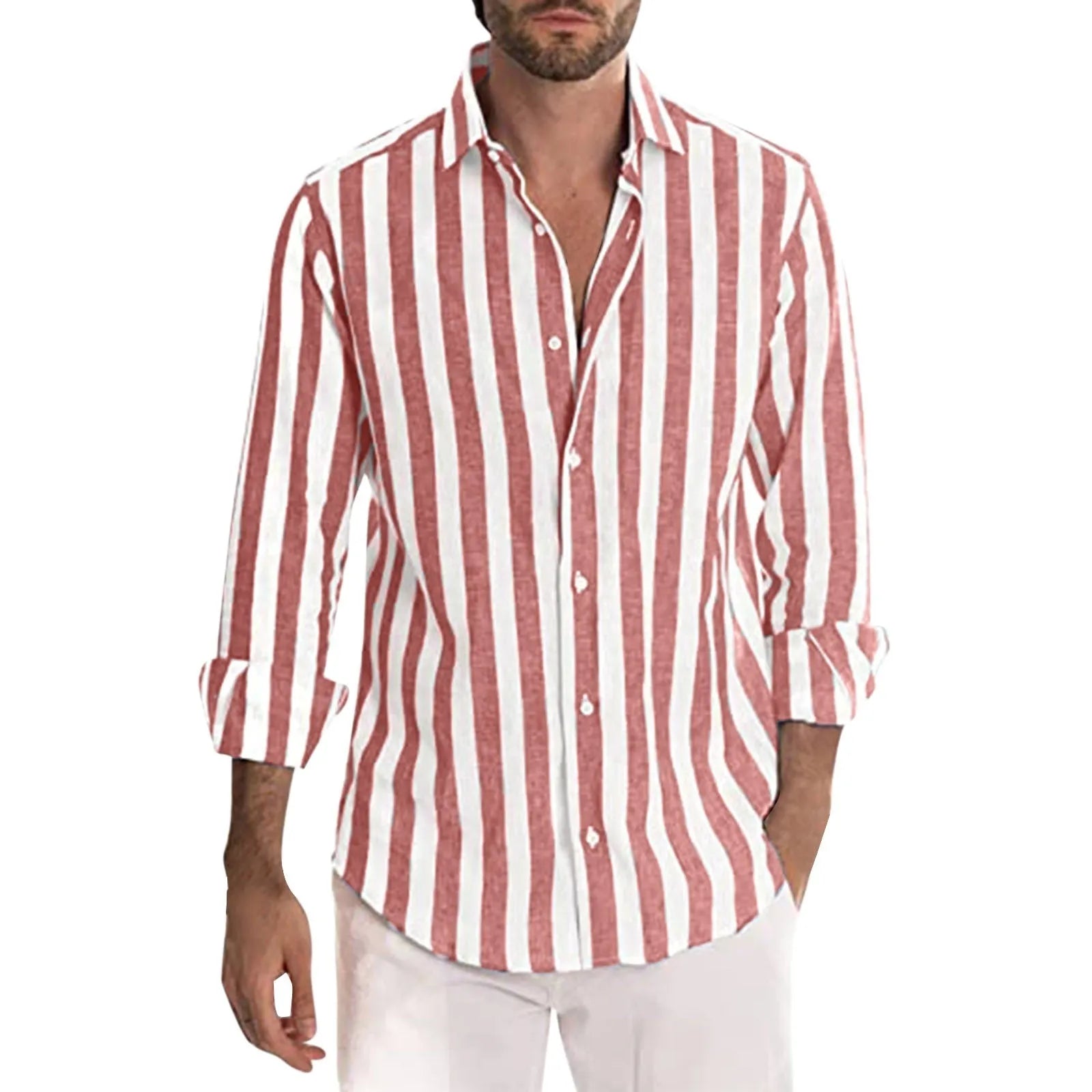 Men's loose-fit striped long-sleeved casual shirt in a light grey colour, showing cardigan style.