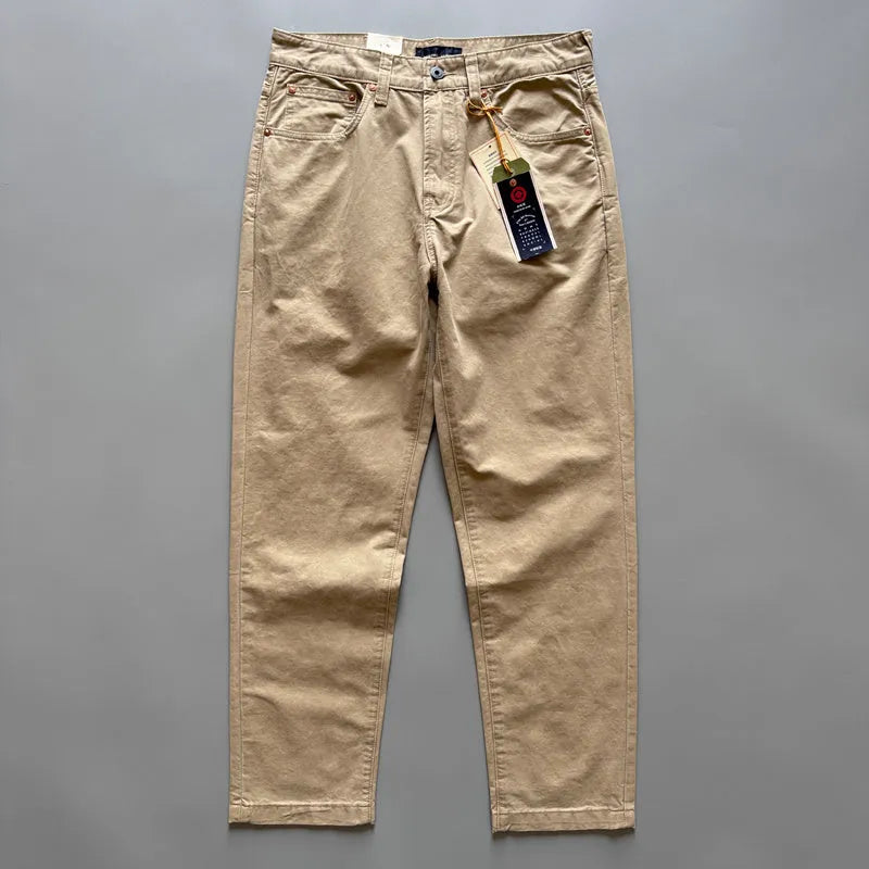 Men's straight-leg cotton casual trousers in army green colour, laid flat to show mid-waist and trousers length.
