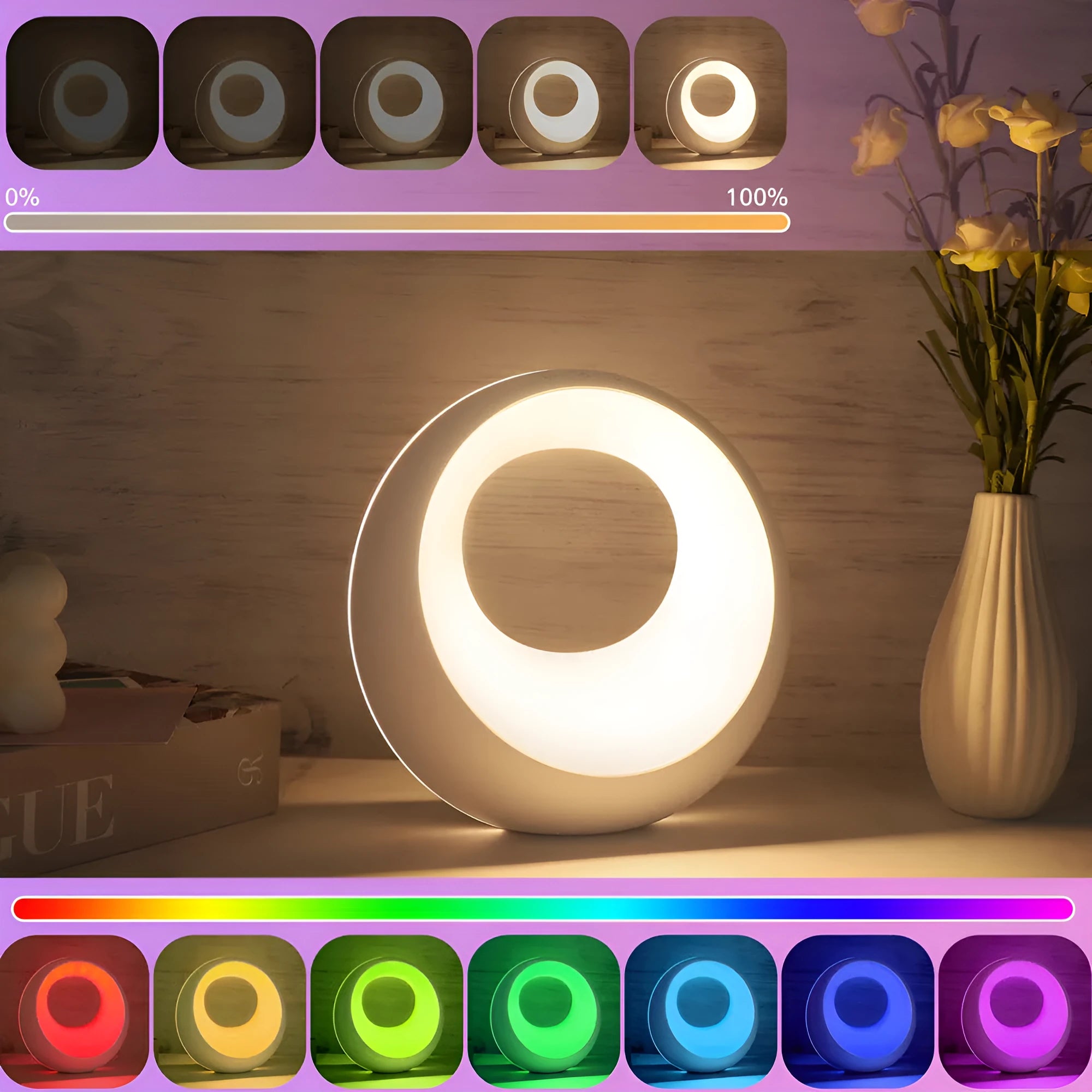 Small white RGB colour changing night lamp with remote control on wooden desk