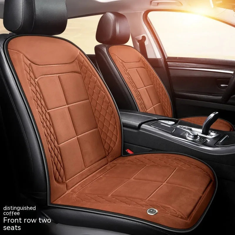 Auto heating car seat cushion with cotton filler shown in beige colour on vehicle seat