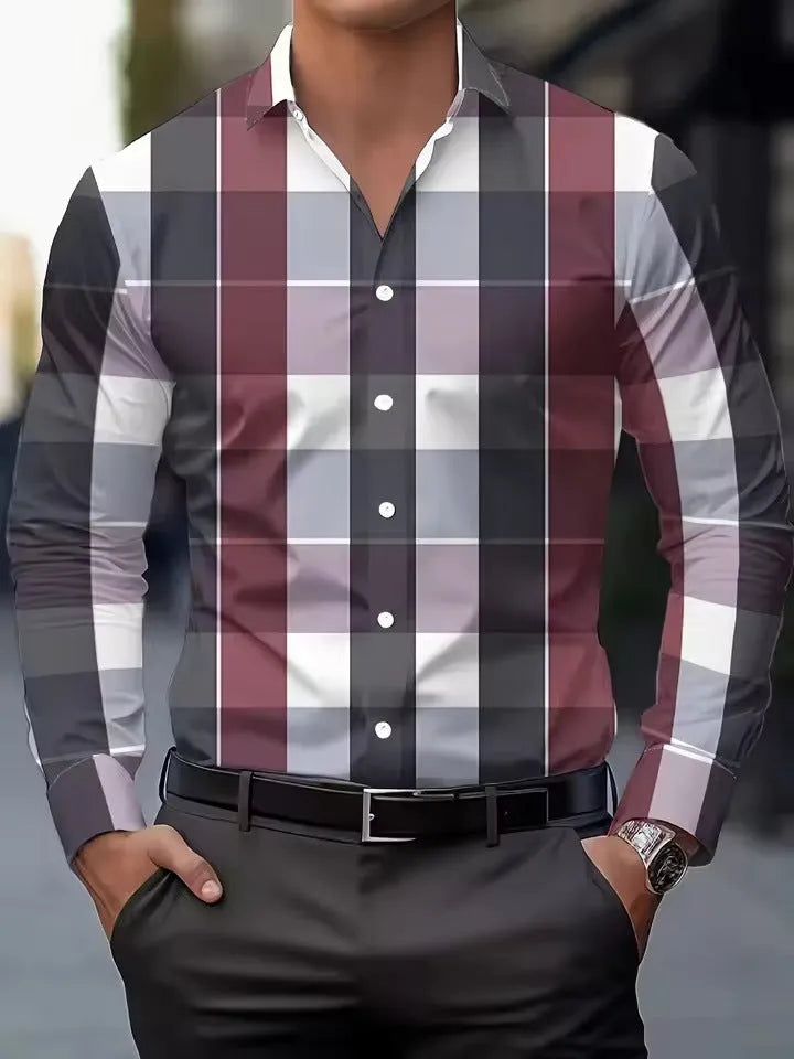 Men's striped long sleeve button lapel shirt in polyester fabric