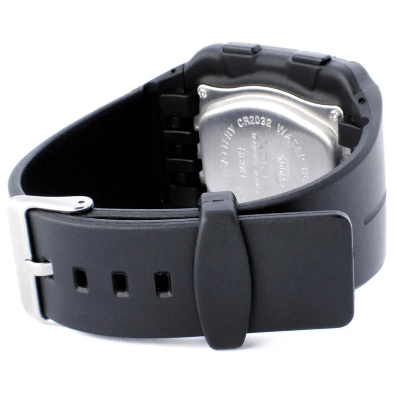 Men's waterproof electronic sports watch with digital display and heart rate monitor in black resin and rubber case