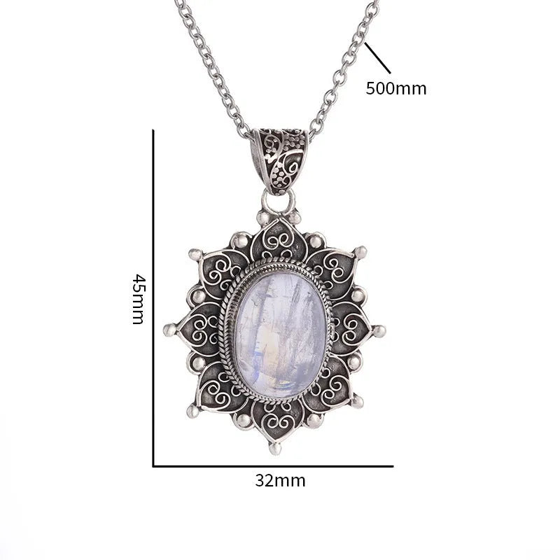 Silver sunflower gemstone pendant necklace on a 51-60cm adjustable clavicle chain with electroplated finish.