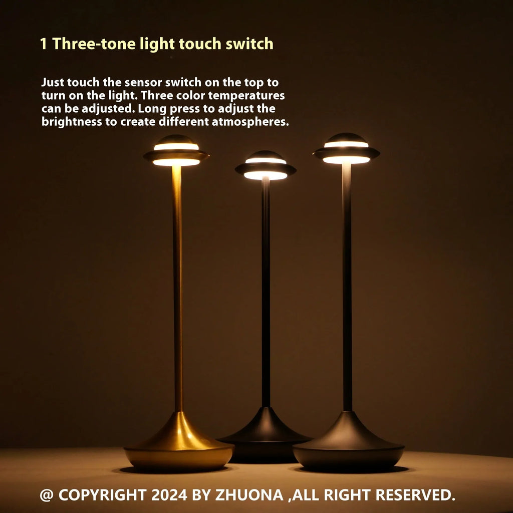 Modern UFO-shaped metal table lamp in black, gold, or grey with touch dimming controls.