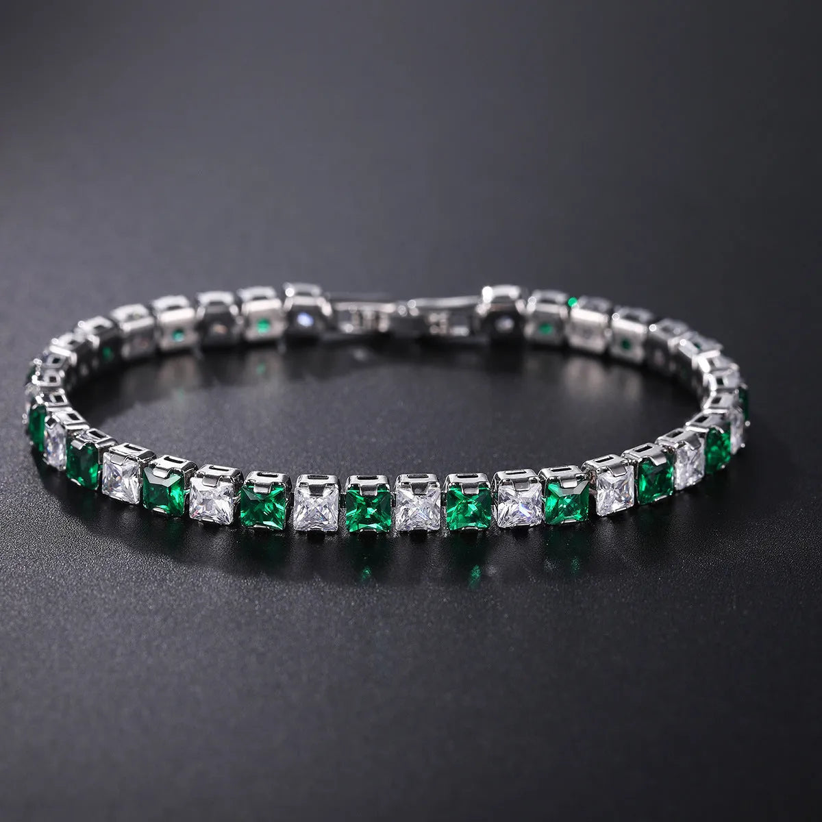 Electroplated platinum square diamond zircon bracelet for women in geometric design with gang drill details