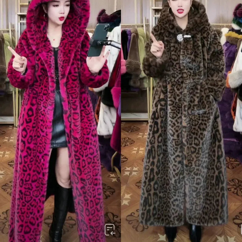 Long plus size brown leopard print faux fur coat for women on a hanger