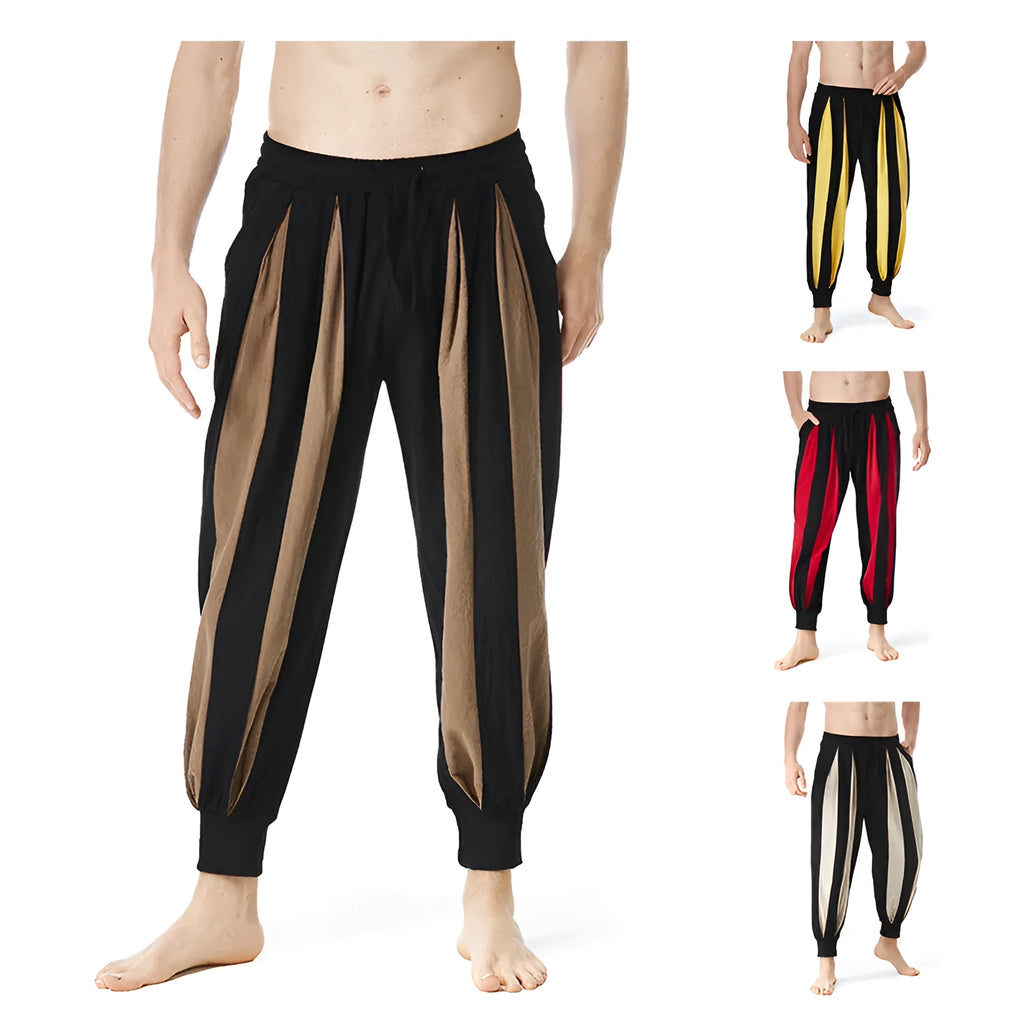 Men's straight-leg casual trousers in brown, khaki, red, and yellow colours for spring.